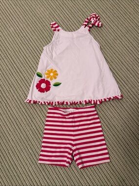 Florence Eiseman Pink White Striped Floral Girls Matching Set